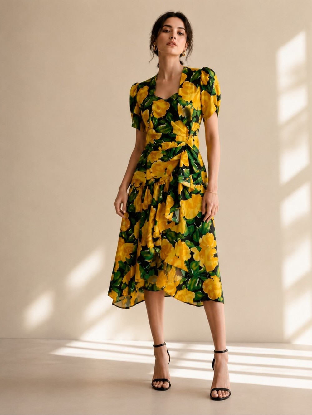 Vintage 90s Yellow Floral Dress Set Size 8 Taffeta Ruffle Bolero Resort Vacation - Picture 2 of 14